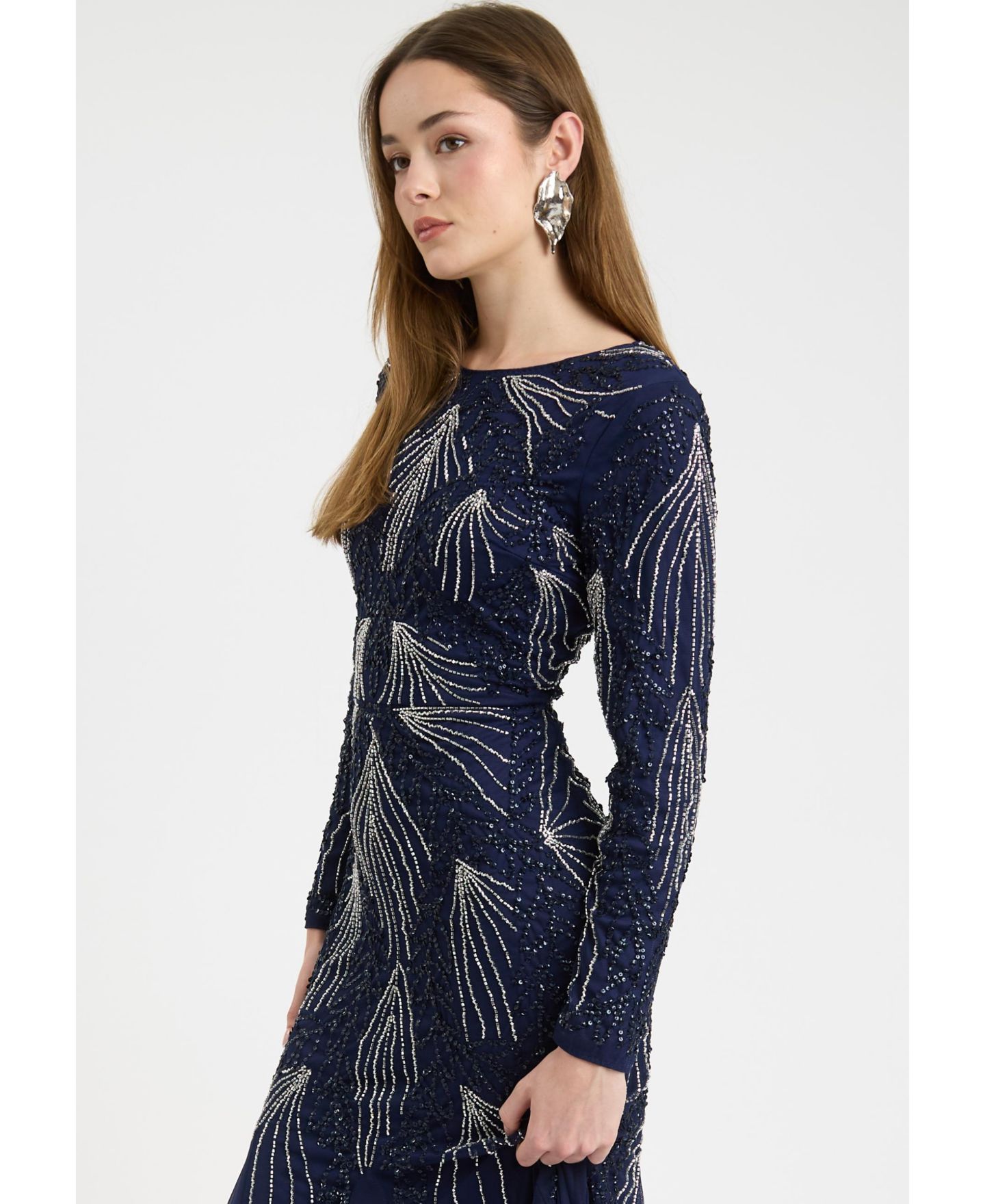 Женское платье Maryisa Modest Embellished Sequin Beaded Dress Maxi With Designer Bottom, цвет: Ночной синий — фото 3