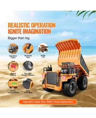 RC Dump Truck Toy, 9-Channel 1:18 Scale Remote Control Construction Vehicle with Metal Bed & Lights