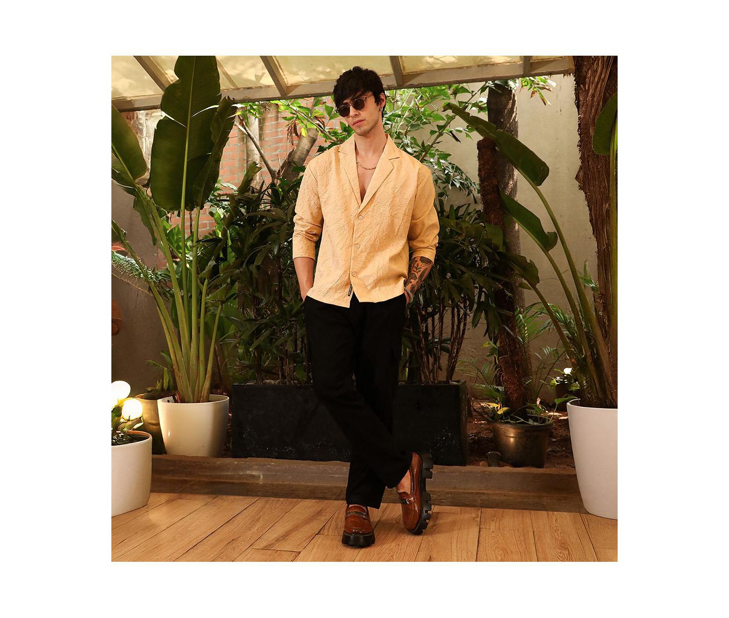 Мужская рубашка Cahoot Campus Sutra Buff Beige Wrinkled Korean Oversized, цвет: Бежевый — фото 3