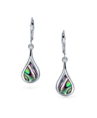 Geometric Iridescent Rainbow Natural Abalone Seashell Rain Drop Teardrop Dangle Earrings Sterling Silver Lever Back