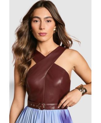 Women's PU Cross Neck Belted Midi Dress