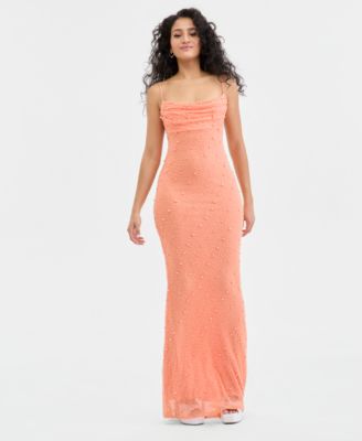 Juniors' Cowl-Neck Beaded Sleeveless Gown 