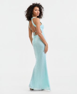Juniors' V-Neck Low-Back Bead-Embellished Gown 