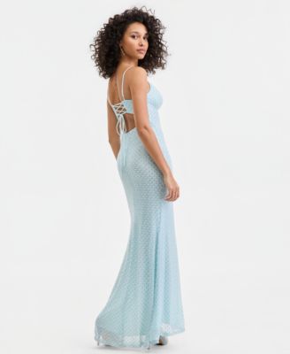 Juniors' Beaded V-Neck Lace-Up-Back Gown 