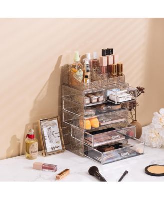 2 Piece Acrylic Makeup and Jewelry Storage Organizer Case (6 Drawers and Lipstick Tray