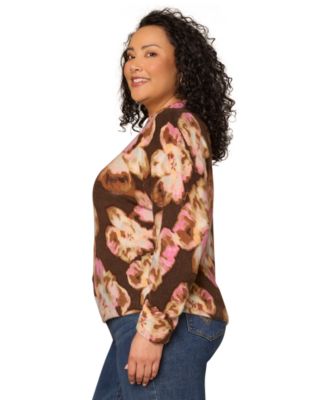 Plus Size Floral Printed Long-Sleeve Sweater