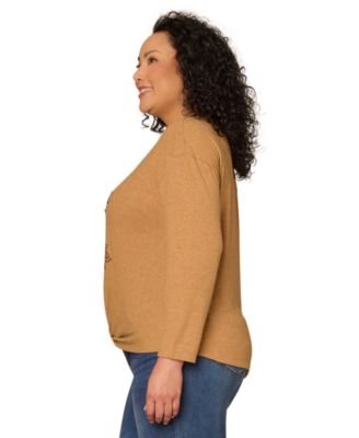 Plus Size Embroidered Knot Detail Long-Sleeve Top