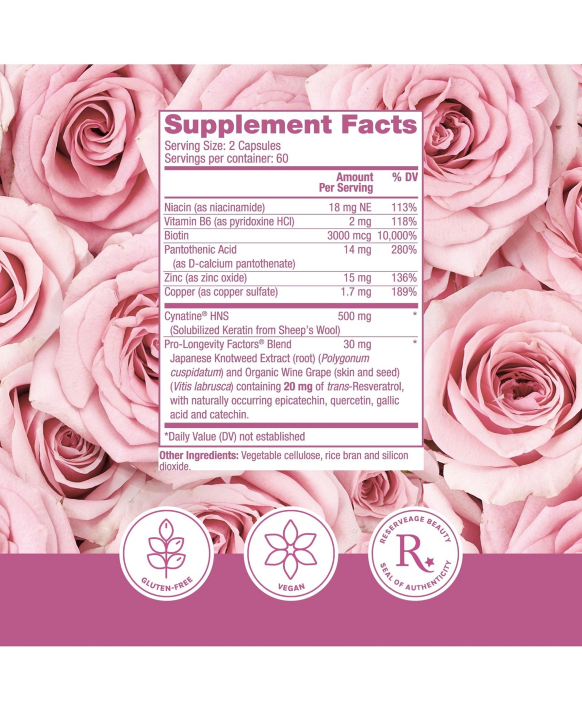 Reserveage Reserveage, Keratin Hair Booster, Hair and Nails Supplement, Supports Healthy Thickness and Shine with Biotin, 120 Capsules (60 Servings)