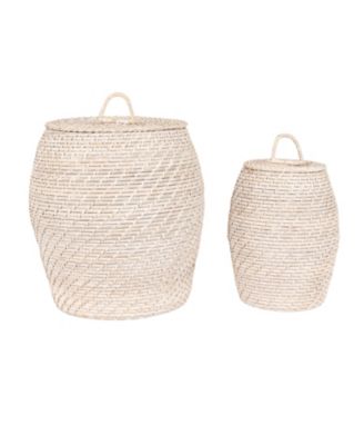 Rattan Wicker Storage Basket with Lid, Washed Black Finish, Set of 2