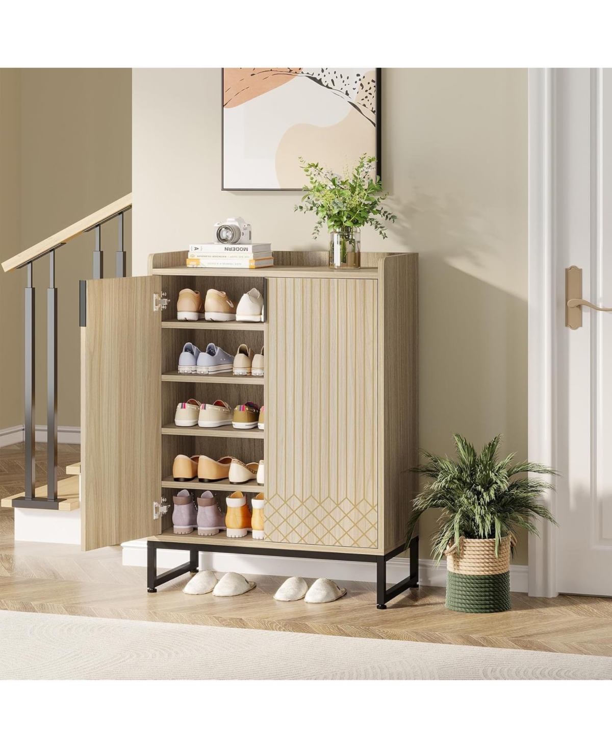 Tribesigns Shoe Cabinet with Doors,Natural 5 Tiers Shoe Storage Cabinet for Entryway, 25 Pairs Wooden Shoe Rack Cabinet