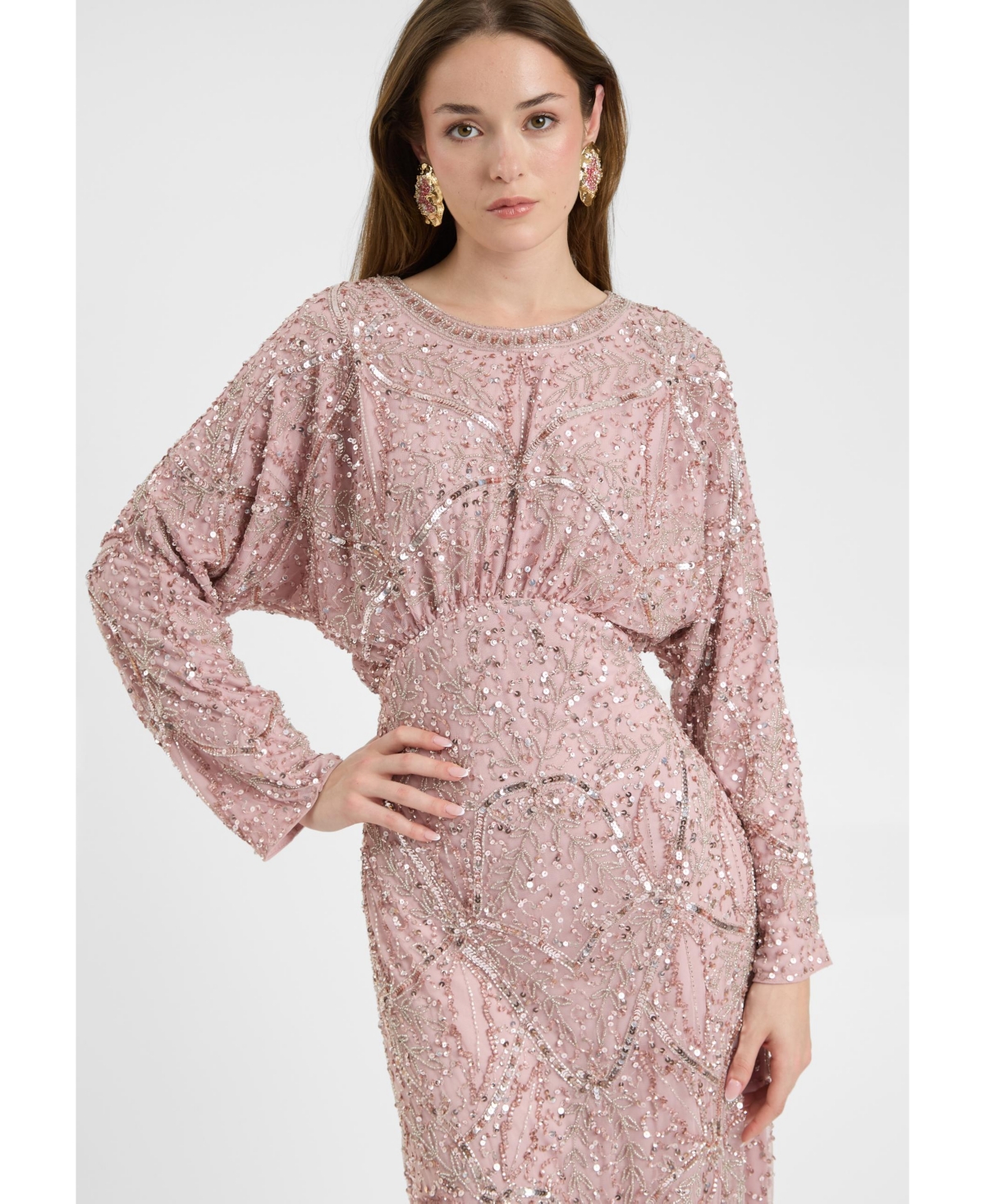 Maryisa Women's Modest Embellished Sequin Beaded Dress Maxi With long Flowey Sleeves