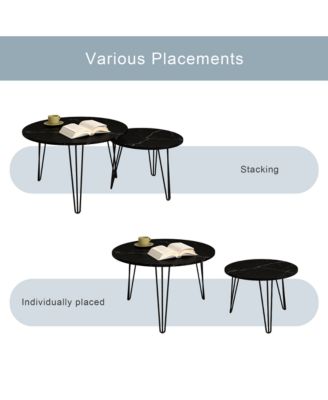 27.56 Inch Round Nesting Coffee Table Set of 2 with Marble Tabletop and Metal Base