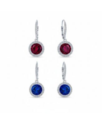 Set of 2 3Ct Cubic Zirconia Round Solitaire CZ Halo Dangle Drop Lever back Earrings .925 Sterling Silver