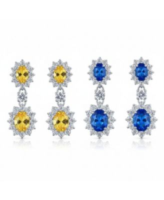 Set of 2 Art Deco Style Crown Halo Oval CZ Cubic Zirconia Dangle Drop Earrings