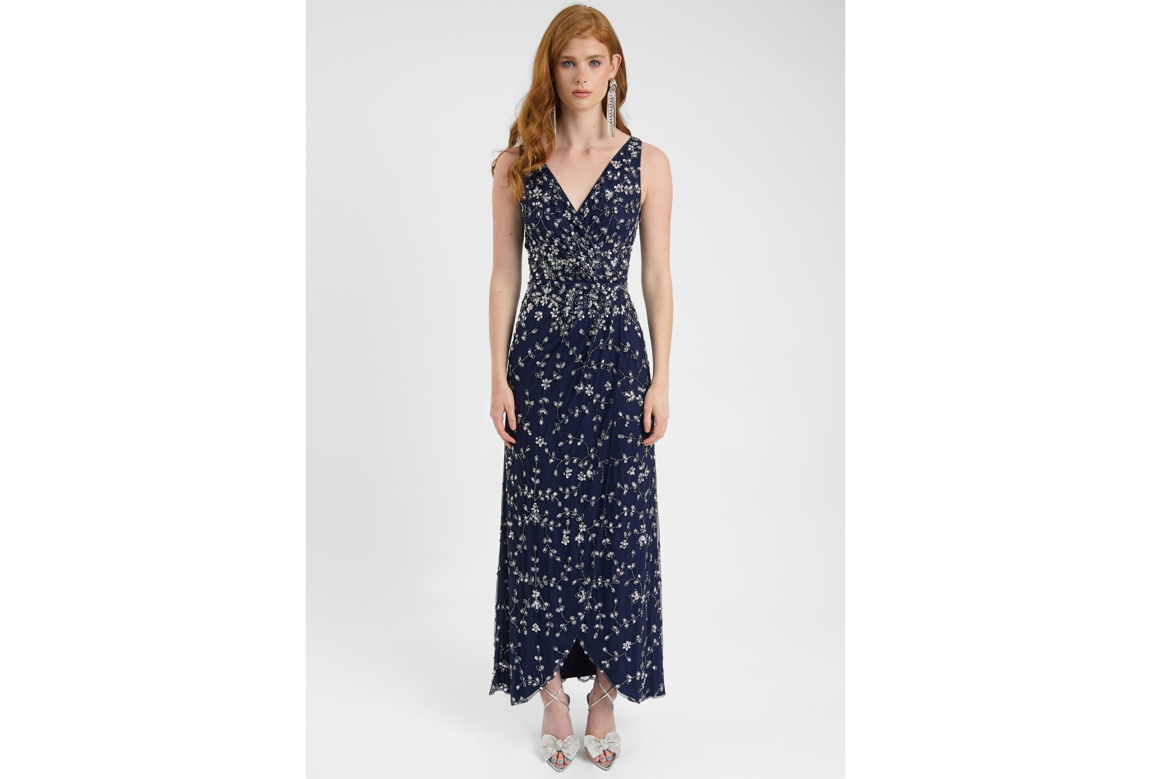 Beauut Women's Embellished Sequin Beaded Maxi Dress With Wrap Bottom