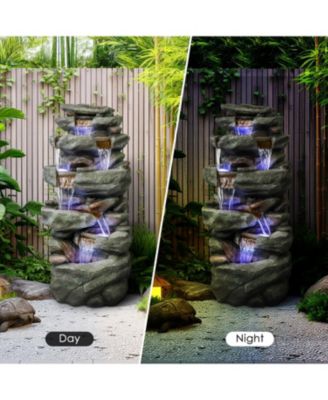 40.5” High Rocks Outdoor Water Fountain - 6-Tiers Cascading Waterfall with LED Lights, Soothing Tranquility for Home Garden, Yard Decor