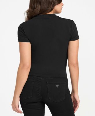 Women's Rhinestone-Logo Mock-Neck Short-Sleeve Top