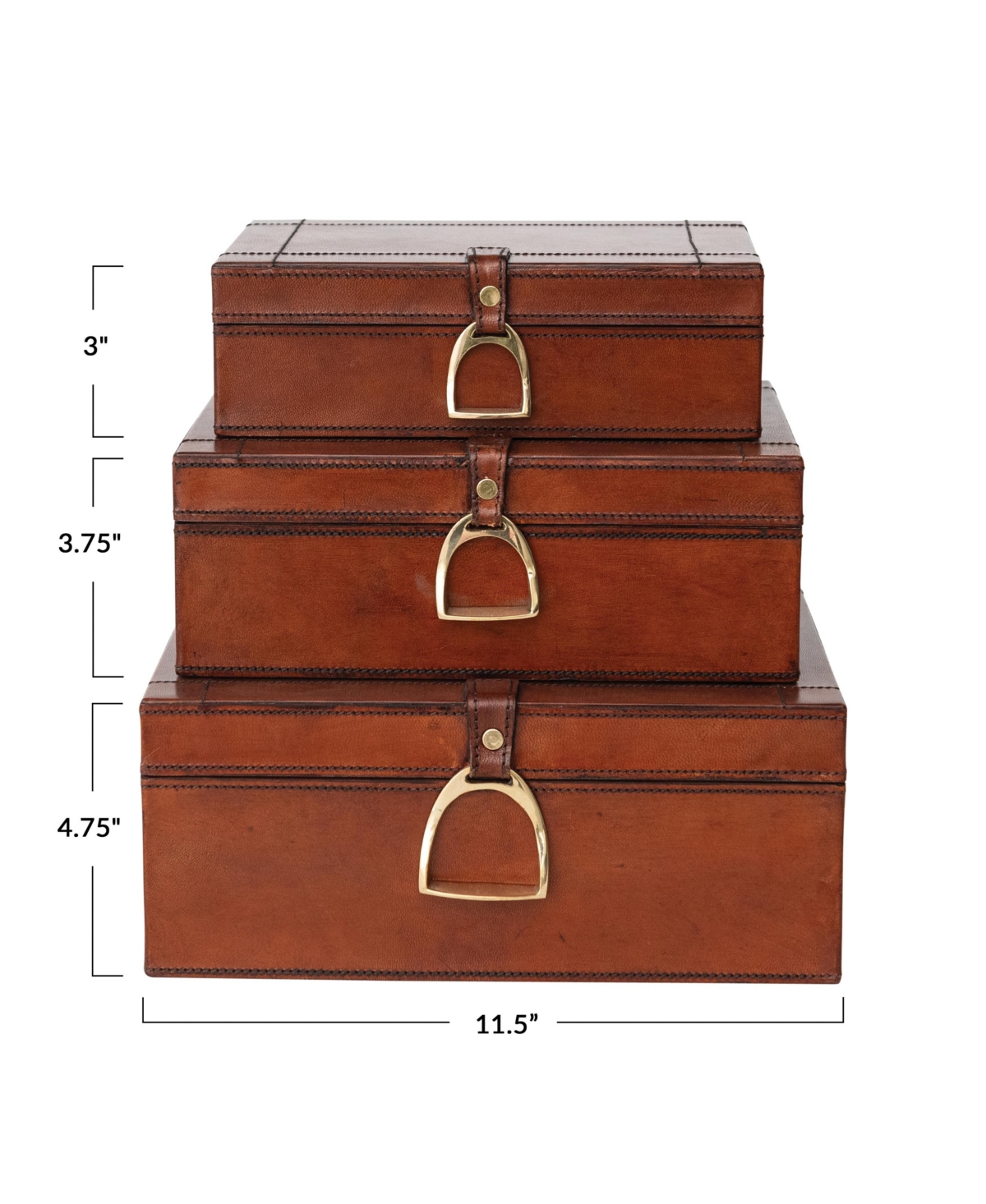 Storied Home 3-Piece Wood and Leather Nesting Boxes, Gold Finish and Cognac Color