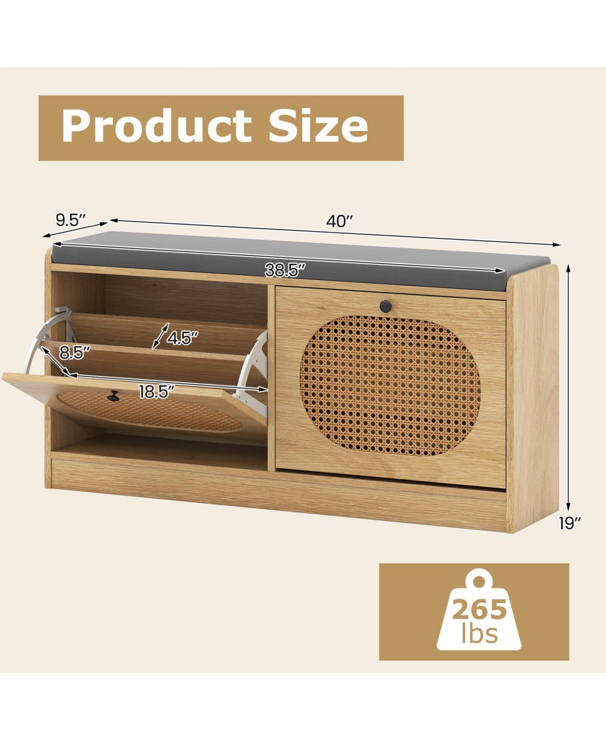 Costway Shoe Storage Bench with Cushion 2 Flip-over Doors & Adjustable Shelves