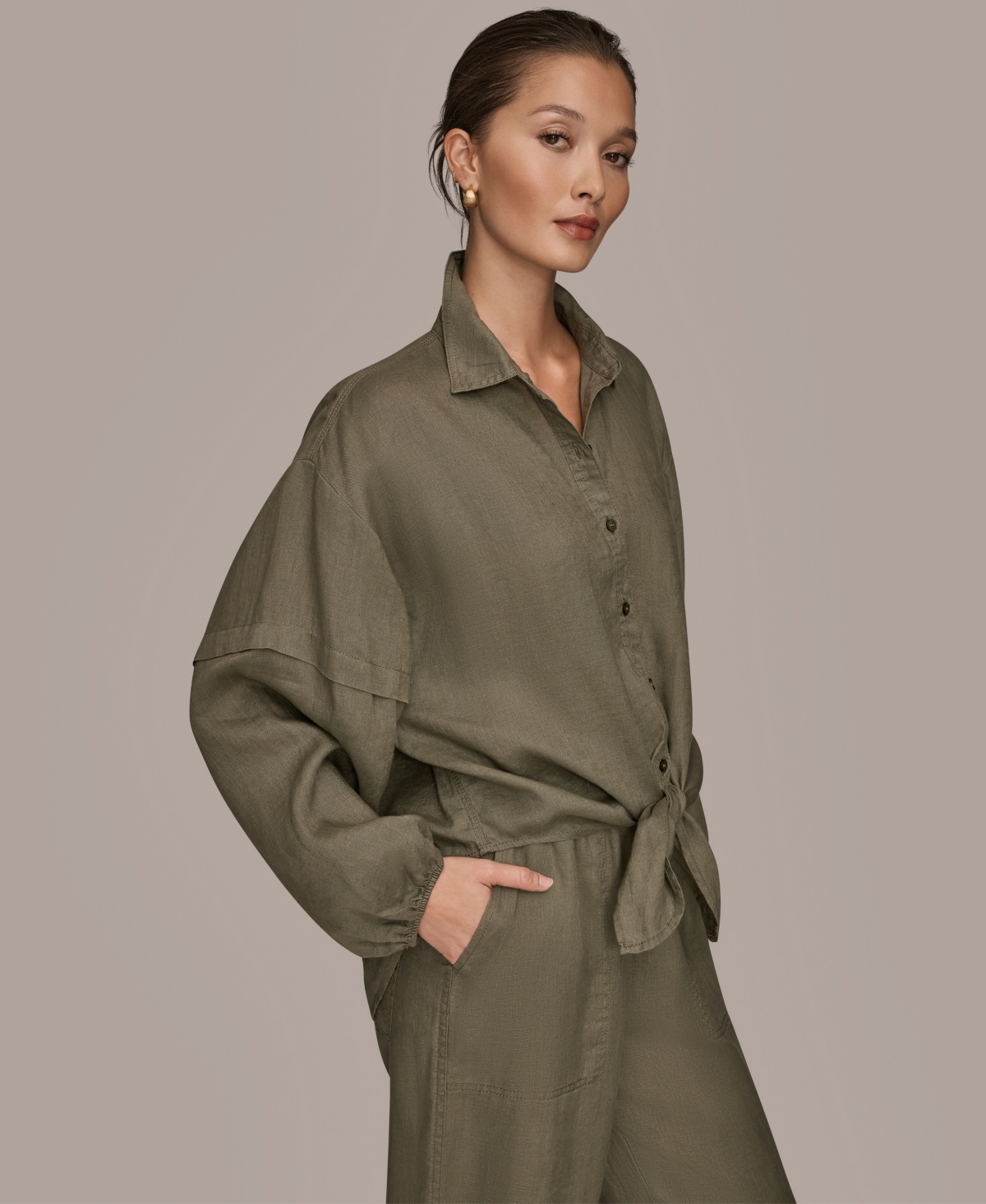 Donna Karan Weekend Women's Long Blouson Sleeve Button Adjustable Tie Shirt