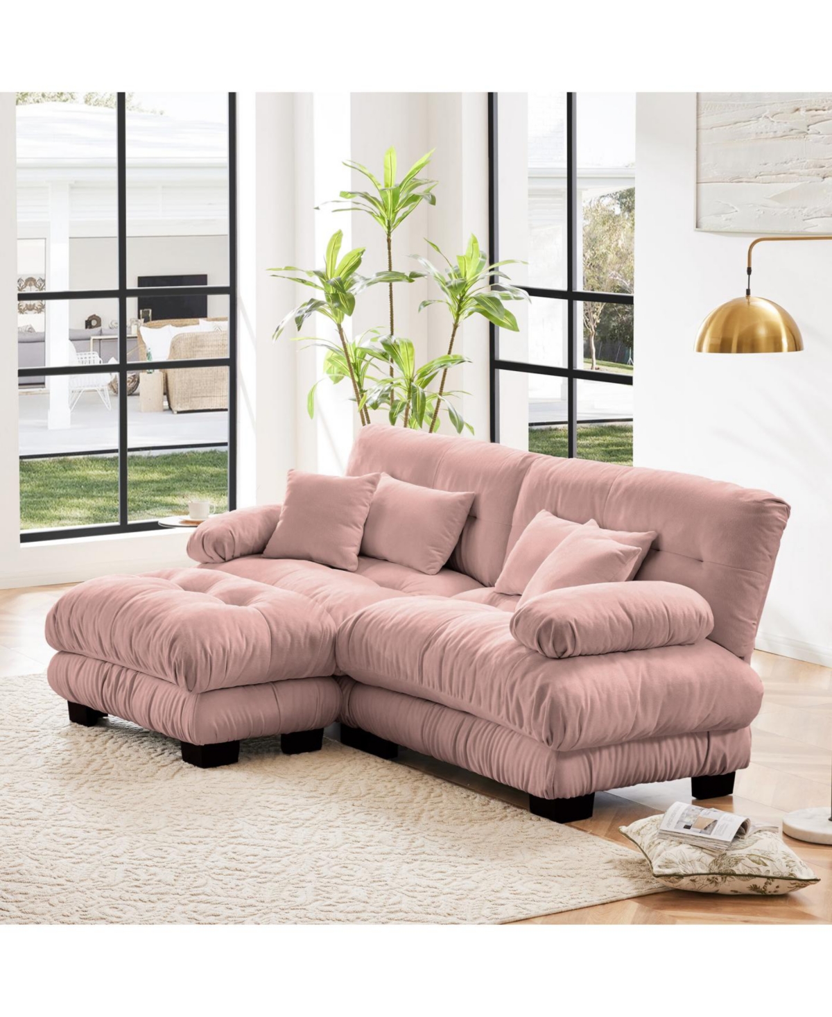 Streamdale Furniture Cloud Couch Chenille 2 Seater Sofa with Pillows and Ottoman, Pink