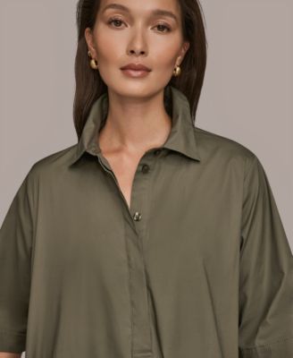 Women's Stretch Poplin Elbow-Sleeve Hidden Placket Dress