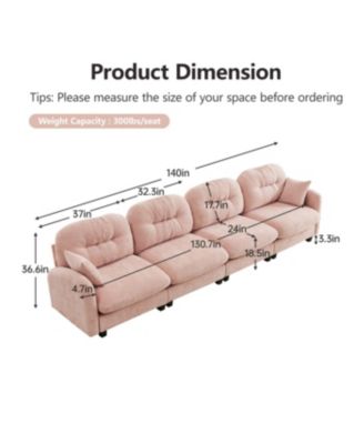 Streamdale Four-Seater Modular Chenille Sectional Couch with Pillows, Pink