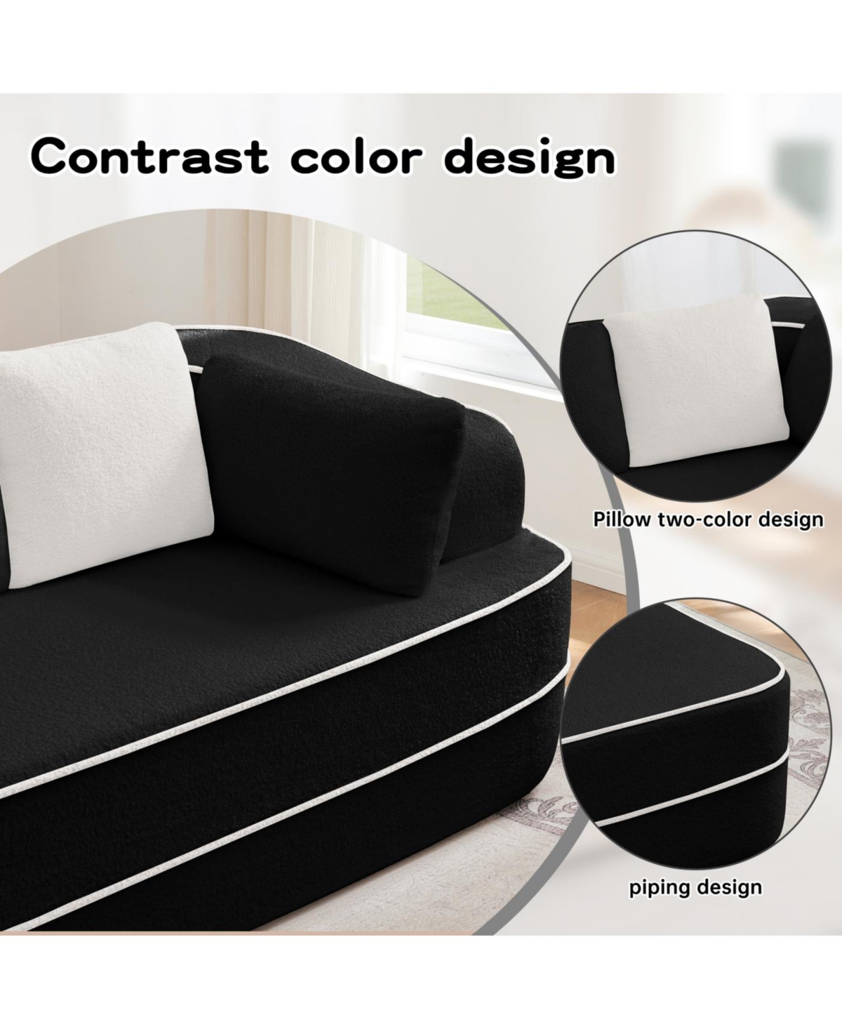 Streamdale Furniture 106" Teddy Fabric Sofa, No Assembly, L-Shaped Chaise, Black