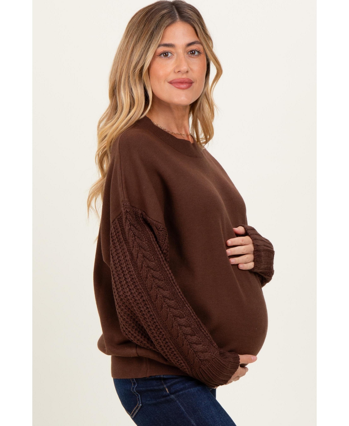 Pinkblush Maternity Brown Cable Knit Sleeve Round Neck Sweater