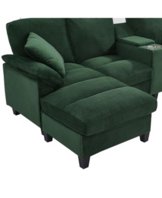  Modern U-shaped Corduroy Sofa with Storage, Cup Holders & USB Ports