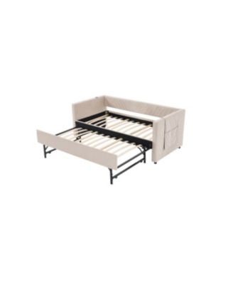 Streamdale Twin Upholstered Daybed with Trundle, USB, Side Pockets, No Box Spring Needed (Beige