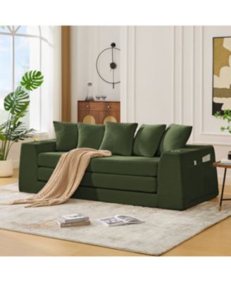 Corduroy Convertible Sofa Bed Loveseat Sleeper with 5 Pillows, Green