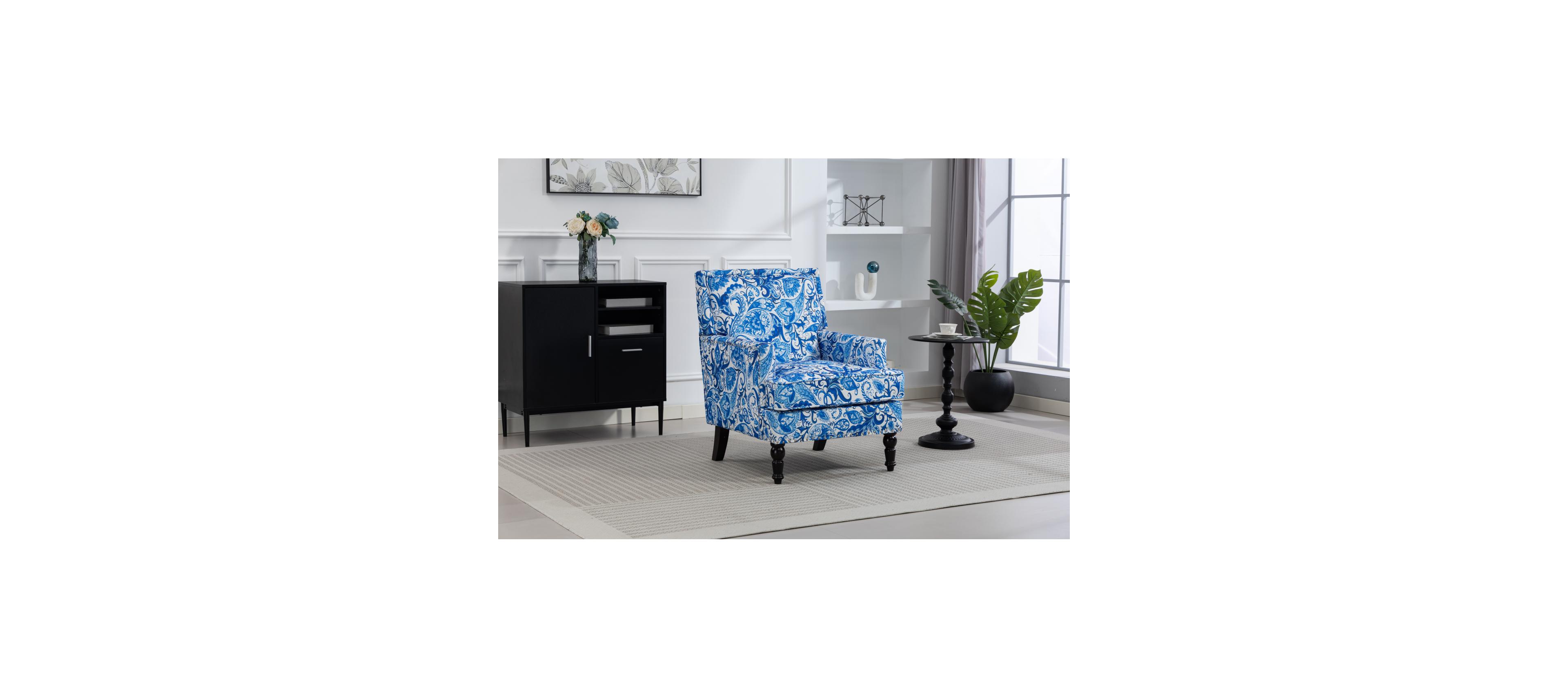 Streamdale Furniture Upholstered Chair, Vintage Armchair with Blue/White Porcelain Print