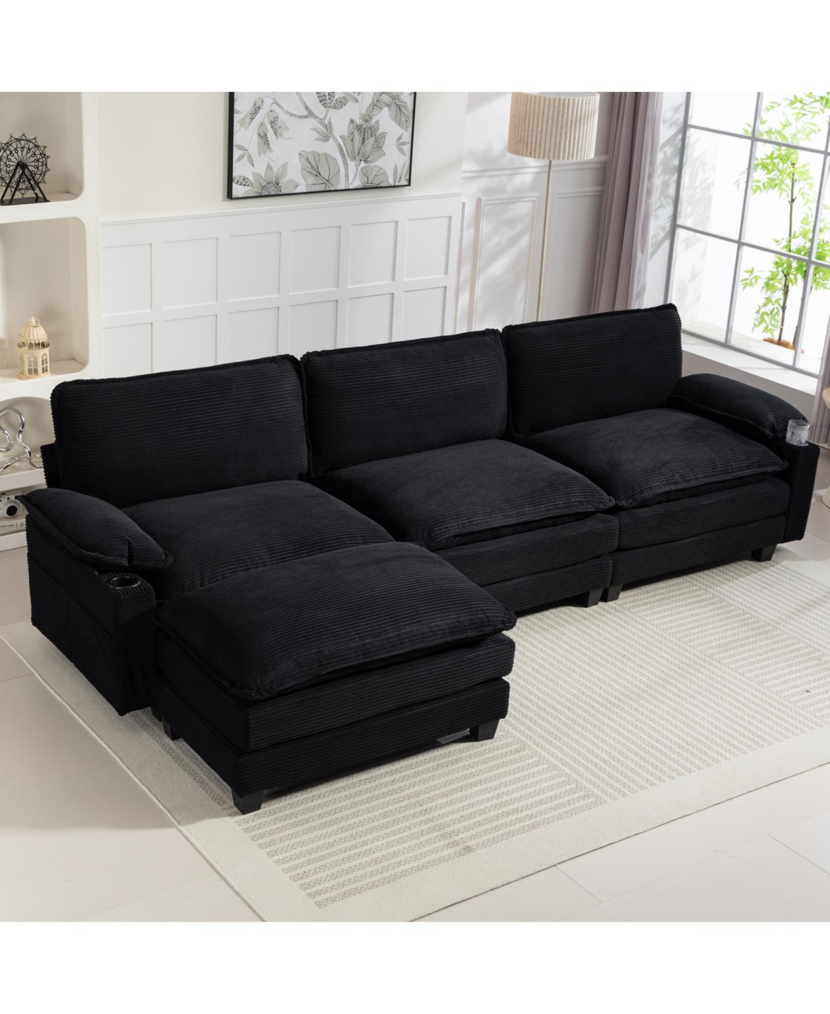 Streamdale Modern 3+1 L-Shaped Corduroy Sofa with Ottoman, Cloud Couch for Living Room.