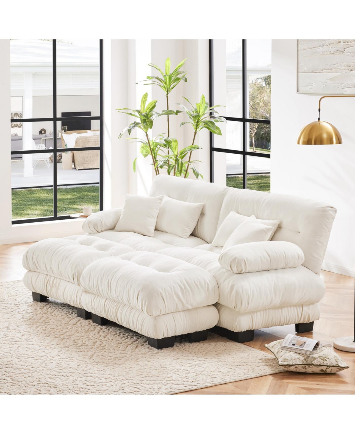 Streamdale Cloud Couch Sleeper Sofa, Chenille 2 Seater with 2 Lumbar & 2 Throw Pillows, 2 Ottomans