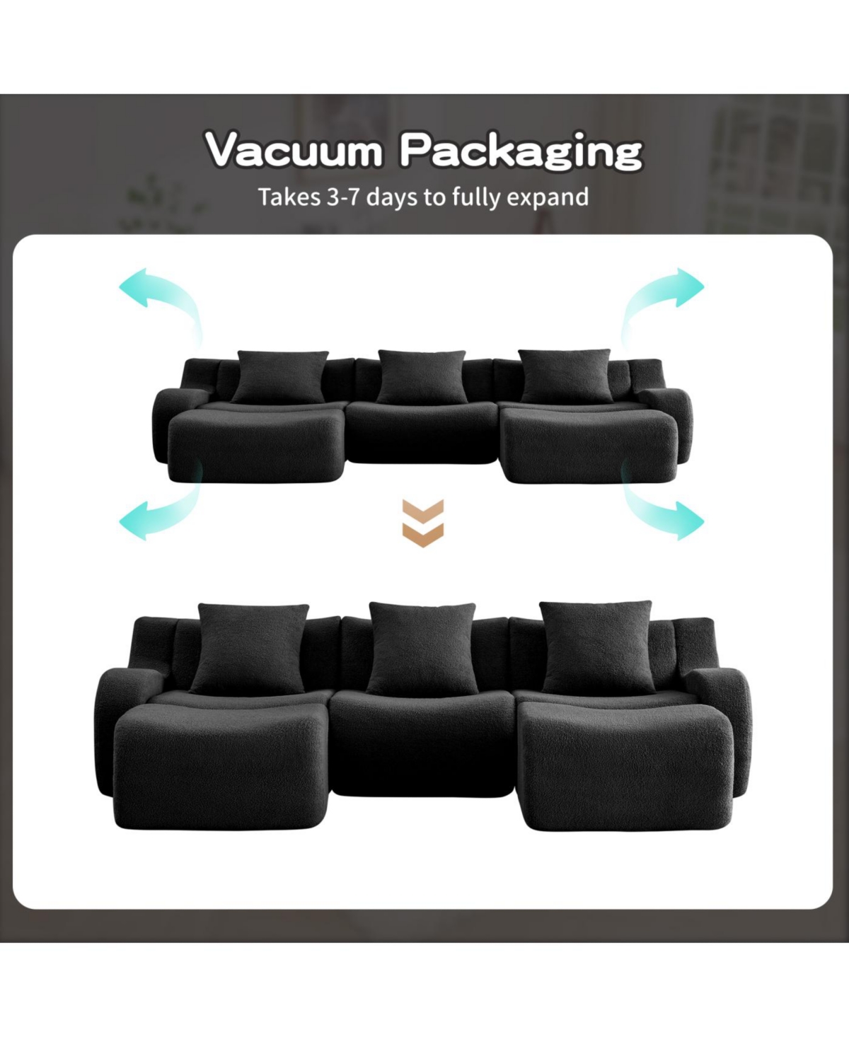 Streamdale Furniture Streamdale U-shaped Soft Teddy Fabric Boneless Sofa, Assembly Chaise, Black