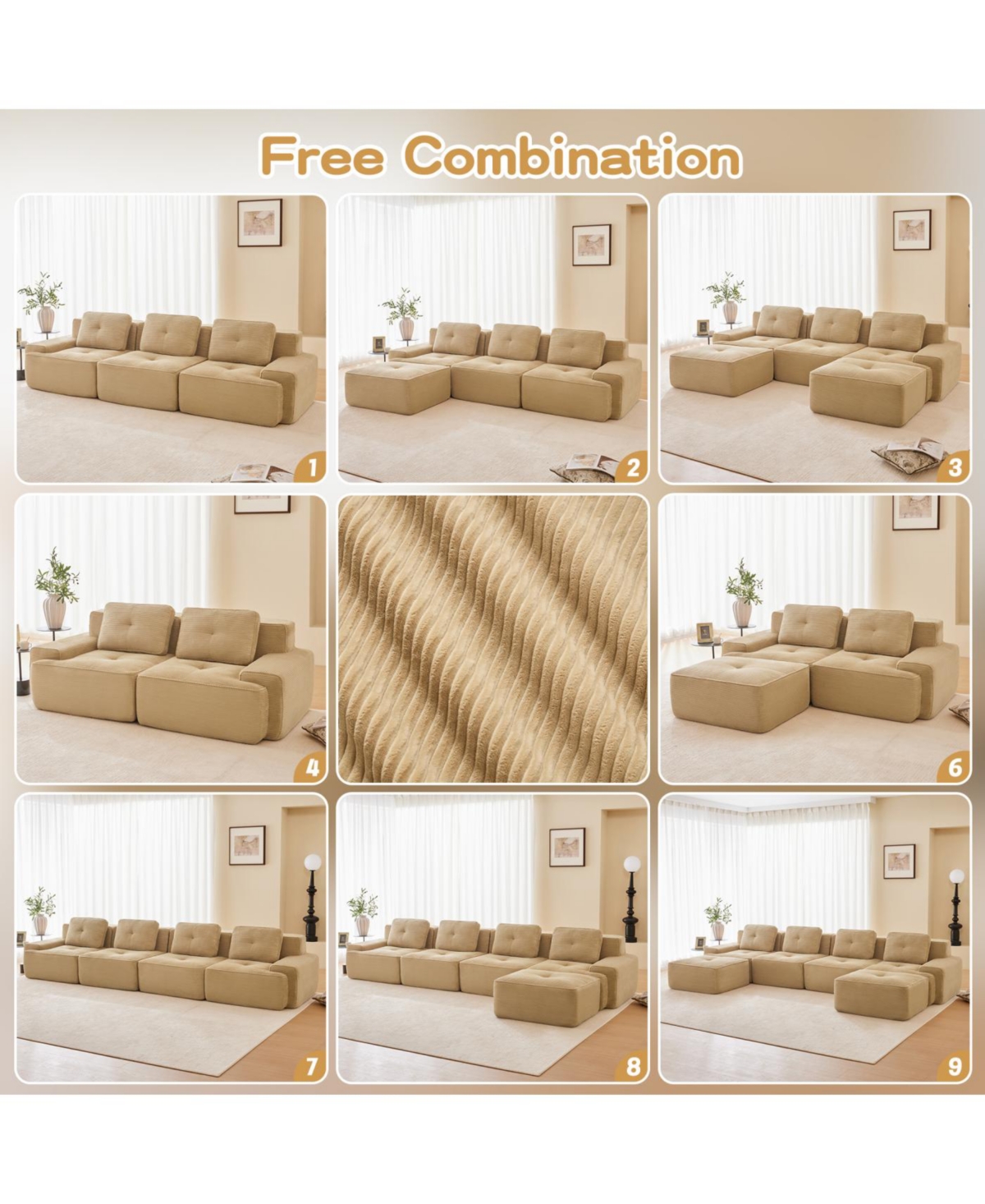 Streamdale Camel 82" Modern L-Shaped Corduroy Sectional Sofa with Ottoman