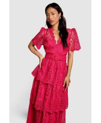 Women's Short Sleeve Tiered Lace Midi Dress