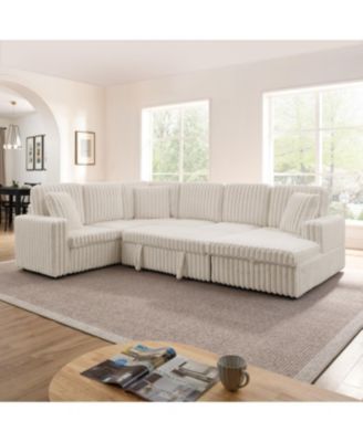 Streamdale Beige Corduroy Striped U-shaped Sofa with Pull-out Bed & Storage Chaise