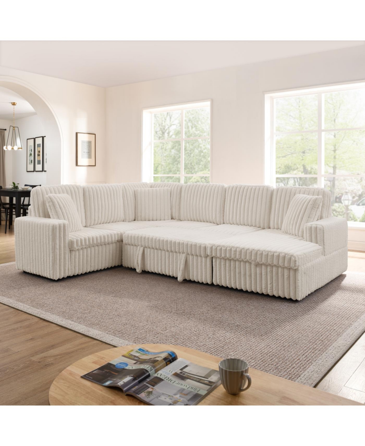 Streamdale Furniture Streamdale Beige Corduroy Striped U-shaped Sofa with Pull-out Bed & Storage Chaise