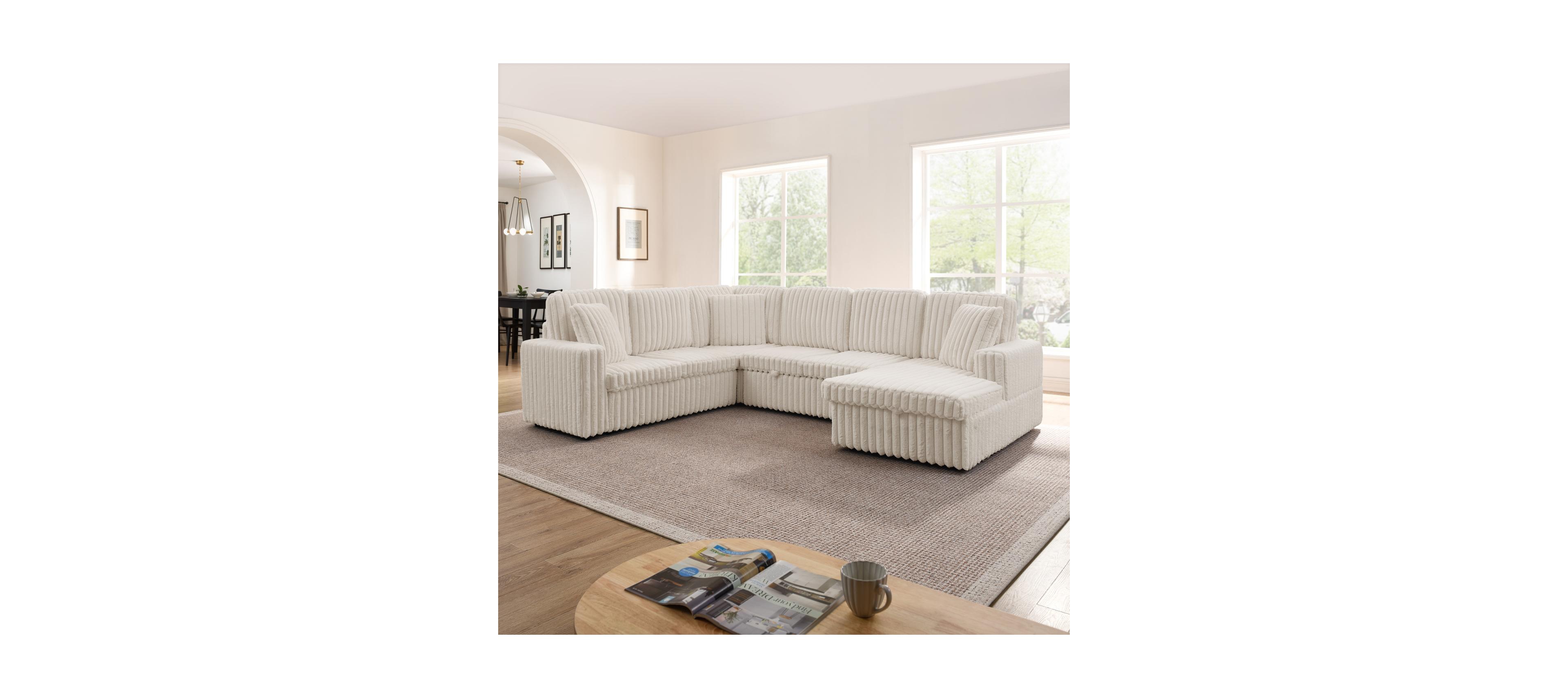 Streamdale Furniture Streamdale Beige Corduroy Striped U-shaped Sofa with Pull-out Bed & Storage Chaise