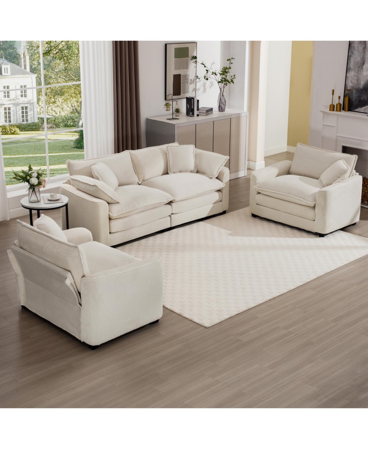 Streamdale Furniture Streamdale Warm and Cozy Sofa Set with Soft Cushions and Pillows, Light Beige Corduroy