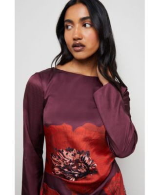 Women's Floral Placement Print Satin Midi Dress