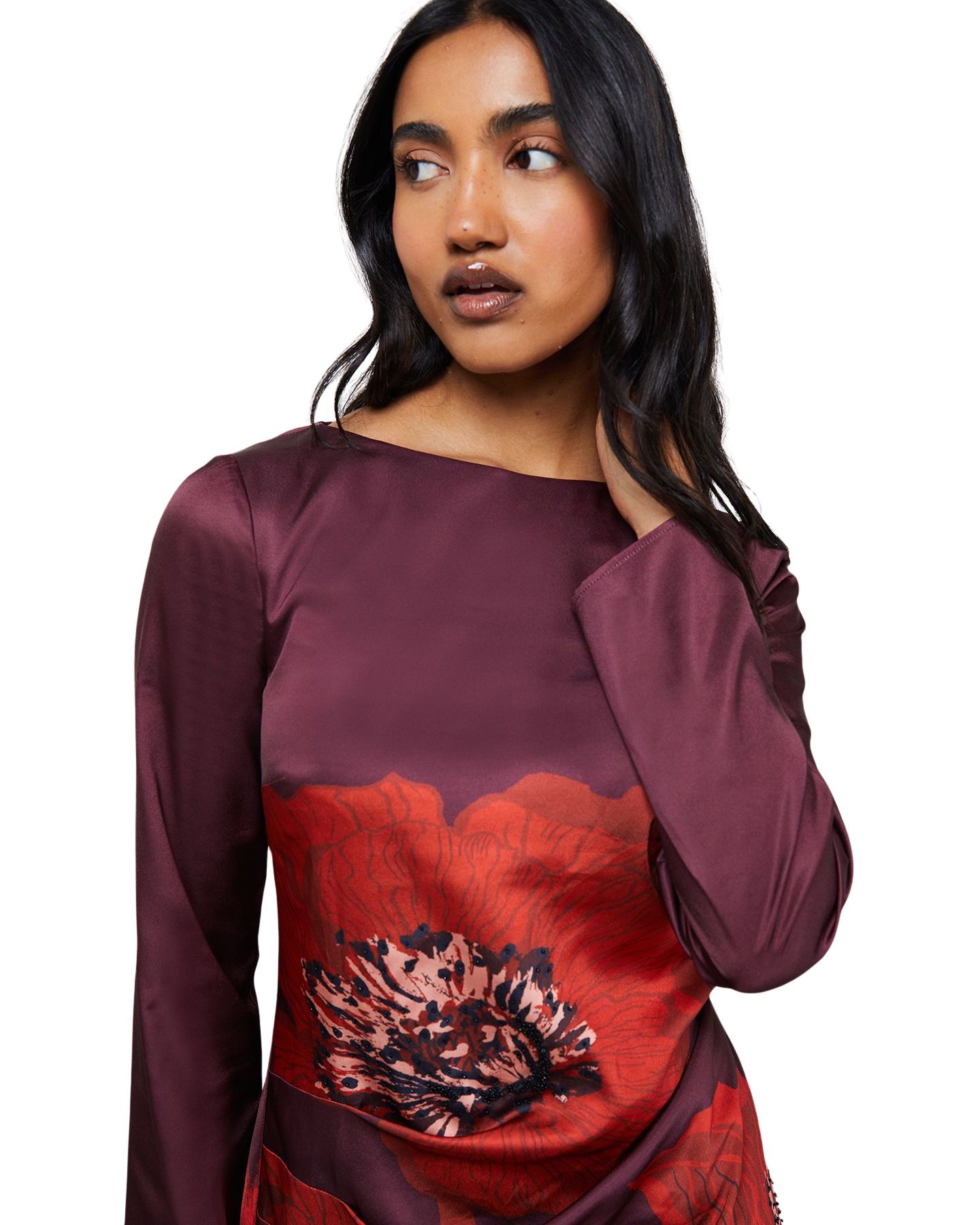 Женское платье Warehouse Floral Placement Print Satin Midi, цвет: Тёмный красный — фото 7