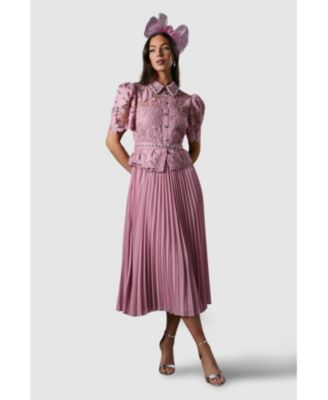 Women's Lace Top Pleat Skirt Jewel Button Dress.