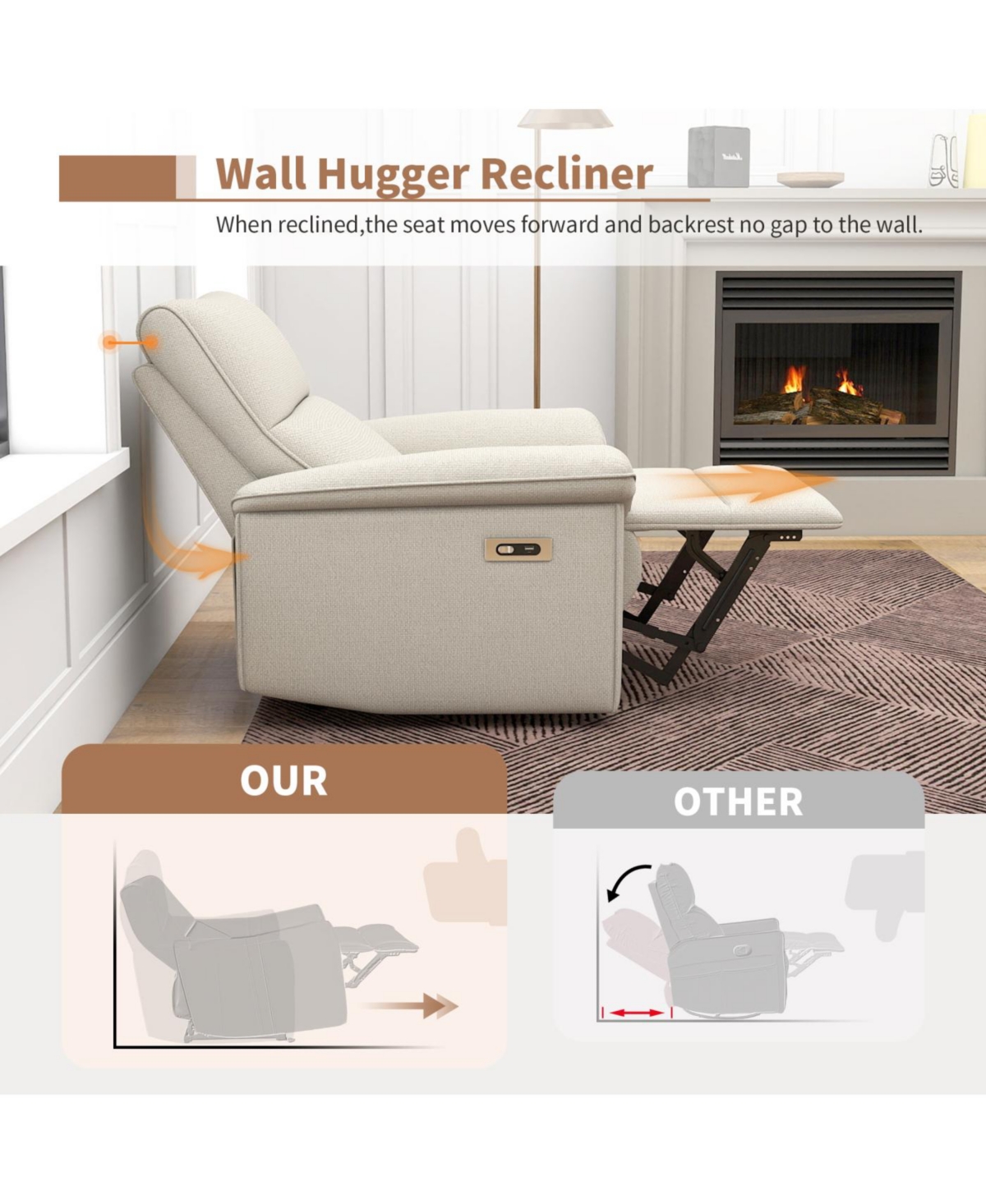 Streamdale Furniture Streamdale Wall Hugger Zero Wall Power Recliner Chair with Usb (Beige-gray