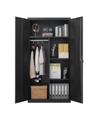 Streamdale Black Metal Large Wardrobe with Hanging Rod & Compartments, Lockable Closet