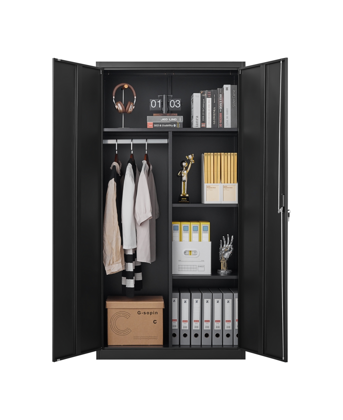 Streamdale Black Metal Large Wardrobe with Hanging Rod & Compartments, Lockable Closet