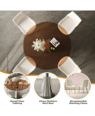 Streamdale 35" Round Dining Table Set w/ 4 White Chairs & Black Glass Top