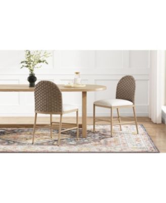 Farmhouse Upholstered Dining Chairs Set of 2, Armless Iron Side Chair with Rattan Back, Brown